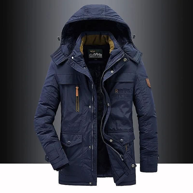 Front view of men's FrostGuard padded winter parka. Extreme cold insulated jacket, essential for harsh weather.