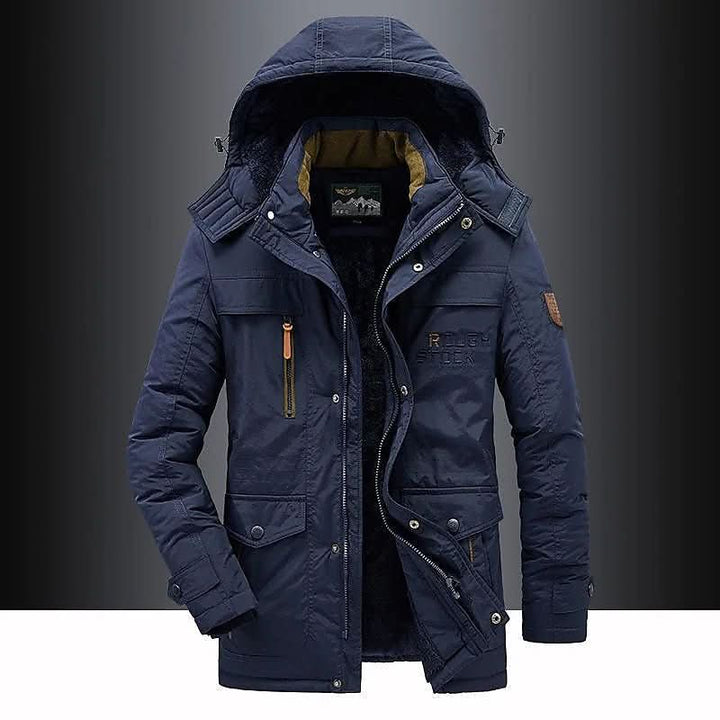 Front view of men's FrostGuard padded winter parka. Extreme cold insulated jacket, essential for harsh weather.