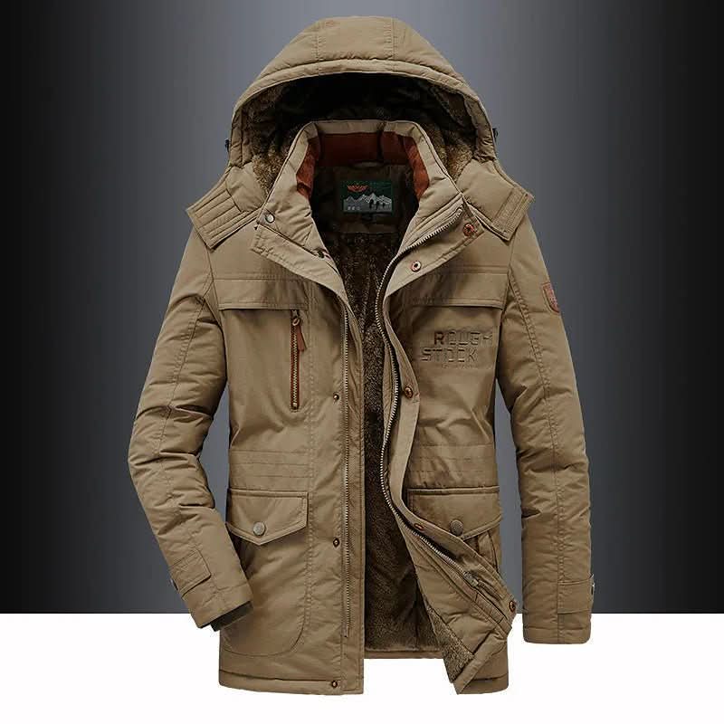 Side view of men's FrostGuard insulated winter parka. Padded coat with rugged design for extreme cold protection.