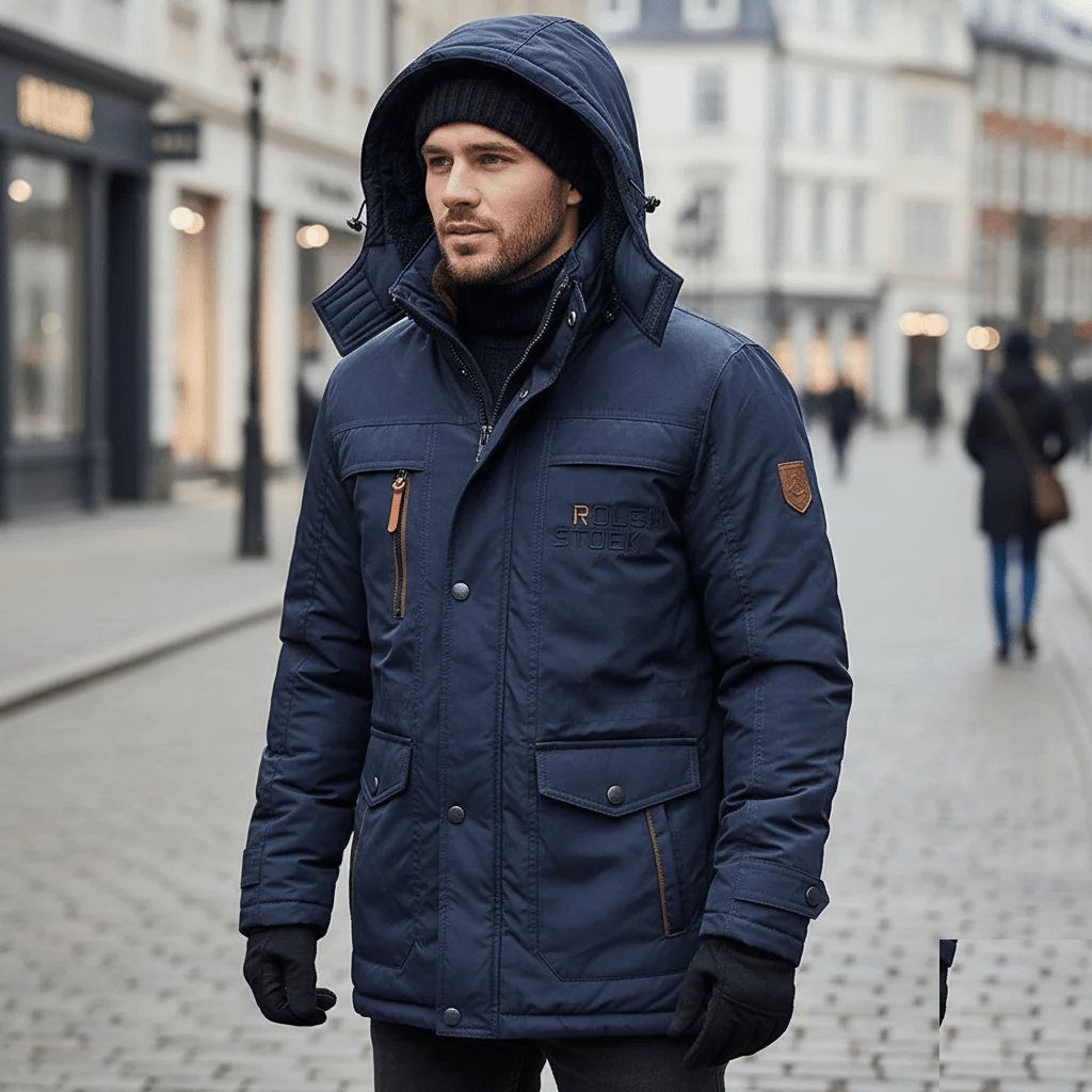 Stylish men's fashion: FrostGuard padded winter parka. Warm, windproof & rugged for extreme cold outdoor adventures.