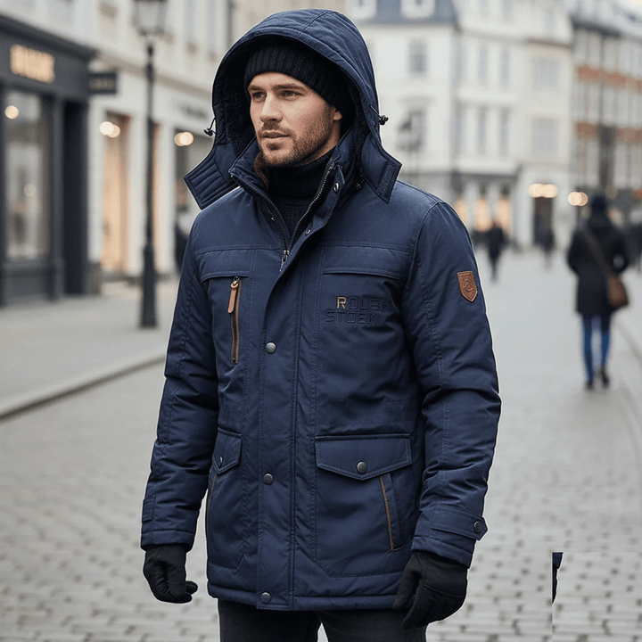 Stylish men's fashion: FrostGuard padded winter parka. Warm, windproof & rugged for extreme cold outdoor adventures.