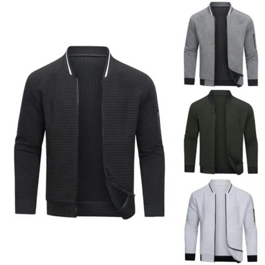 Stylish men's zip-up cardigan featuring a unique textured grid pattern, perfect for a layered look.