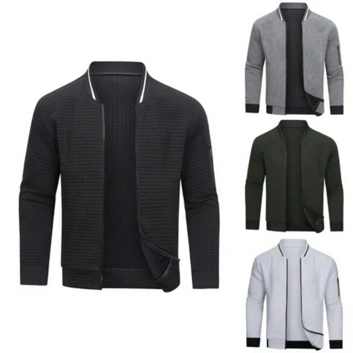 Stylish men's zip-up cardigan featuring a unique textured grid pattern, perfect for a layered look.