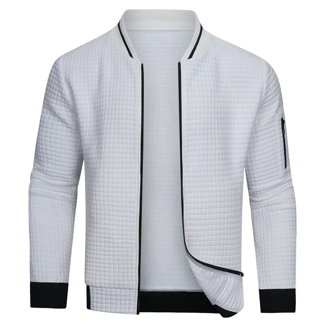 Comfortable men's full-zip grid cardigan, ideal for everyday casual wear & versatile layering.