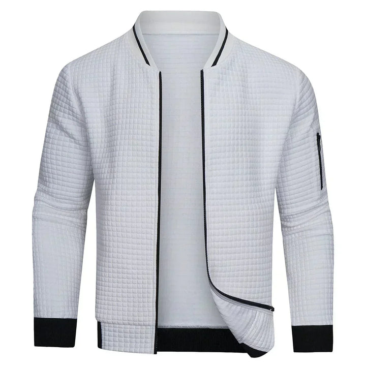 Comfortable men's full-zip grid cardigan, ideal for everyday casual wear & versatile layering.
