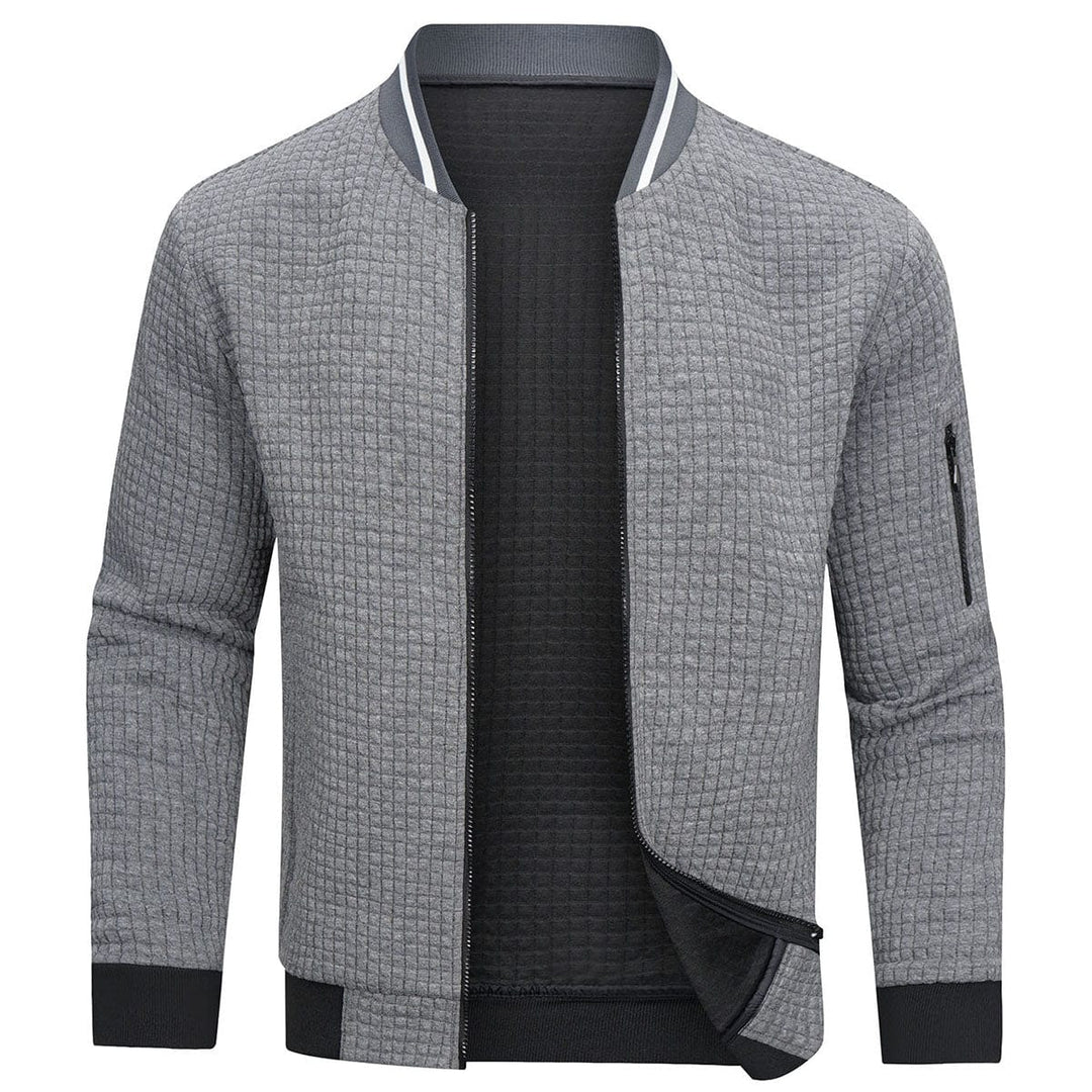 Mitchell men's full-zip textured grid cardigan. A modern outerwear piece for relaxed menswear style.