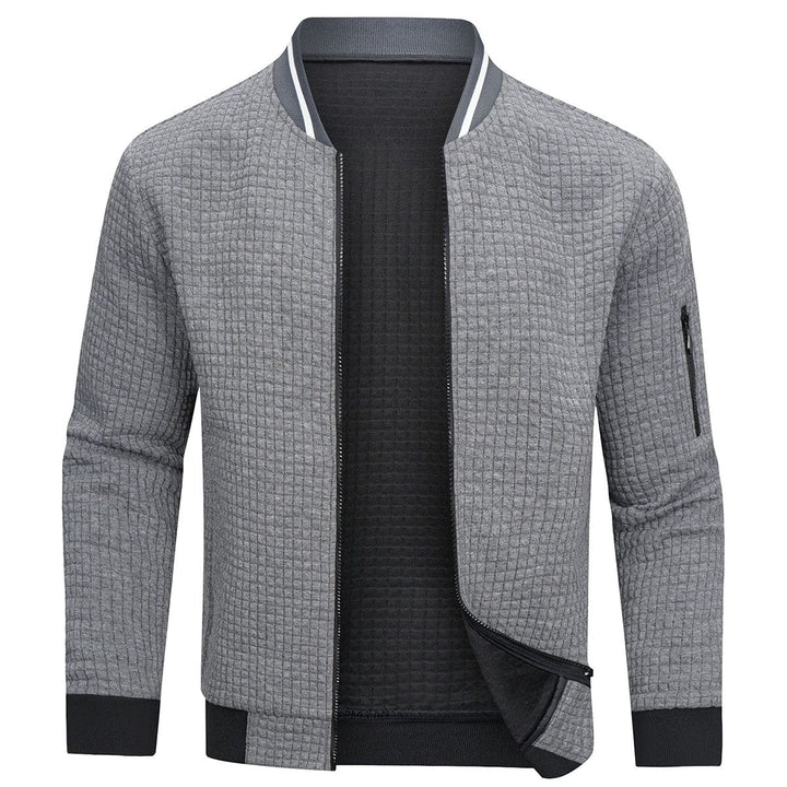 Mitchell men's full-zip textured grid cardigan. A modern outerwear piece for relaxed menswear style.