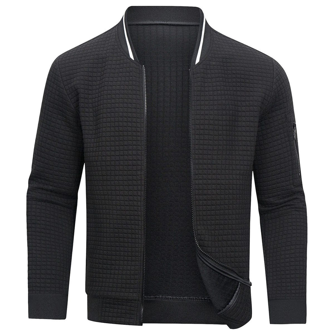 Menswear full-zip grid pattern cardigan. Smart casual outerwear combining comfort and stylish design.