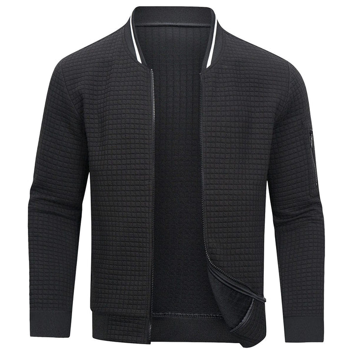 Menswear full-zip grid pattern cardigan. Smart casual outerwear combining comfort and stylish design.
