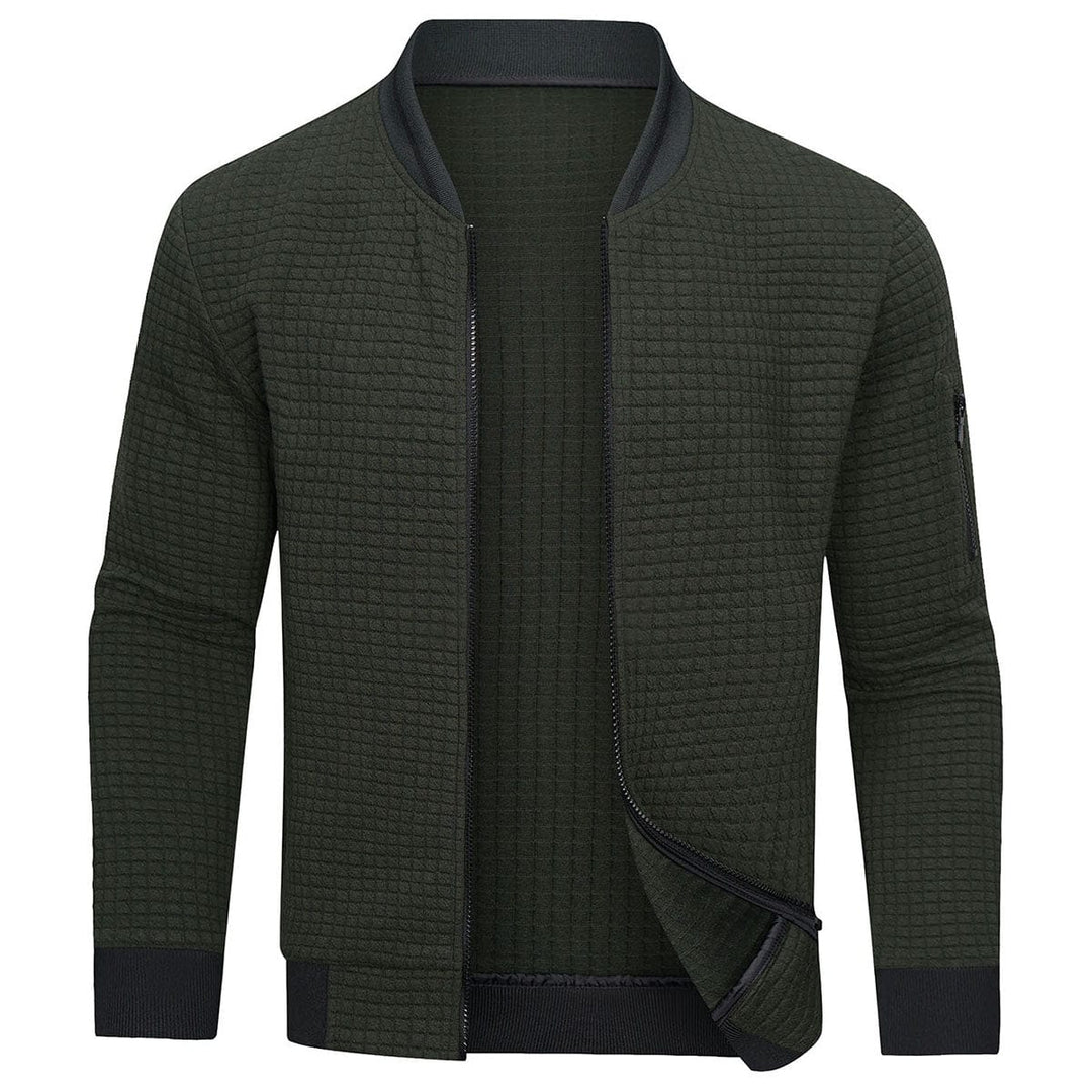 Close-up of a men's full-zip textured grid cardigan, showcasing the intricate pattern and soft fabric.