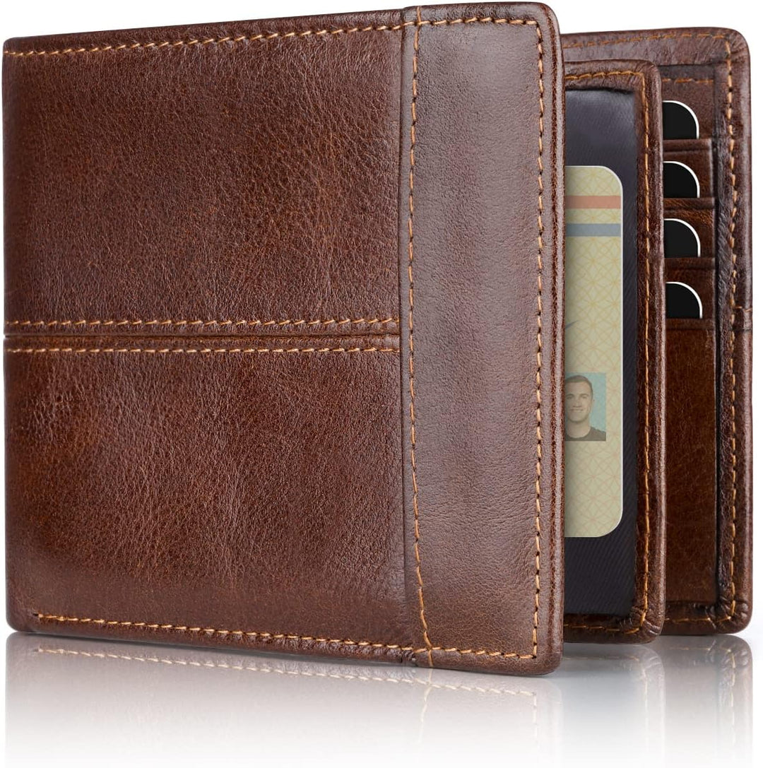 Men's genuine leather bifold wallet with RFID blocking technology, a secure and slim accessory.