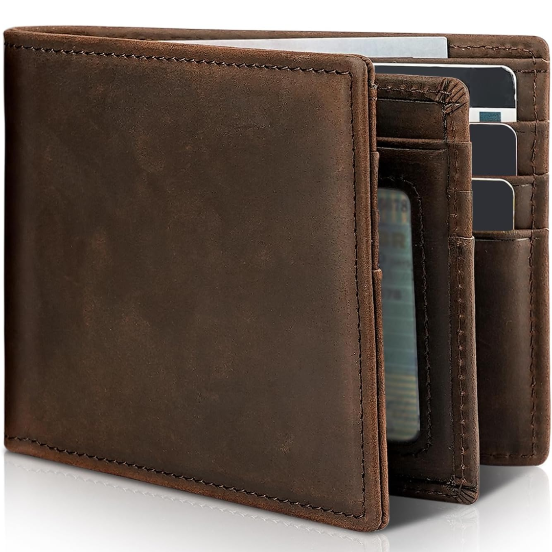 Men's genuine leather bifold wallet with RFID blocking for secure card protection.
