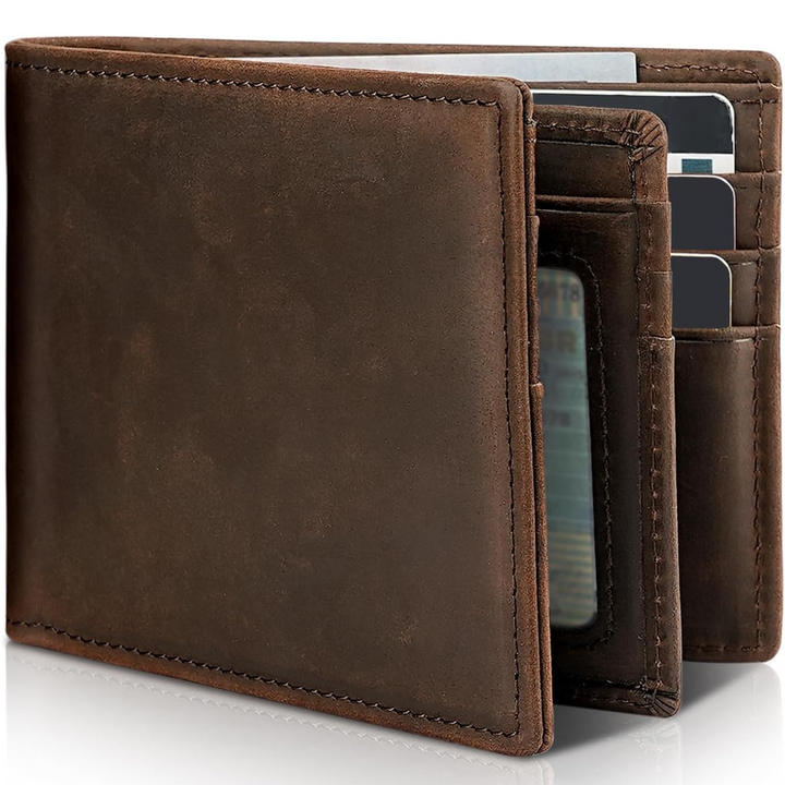 Men's genuine leather bifold wallet with RFID blocking for secure card protection.