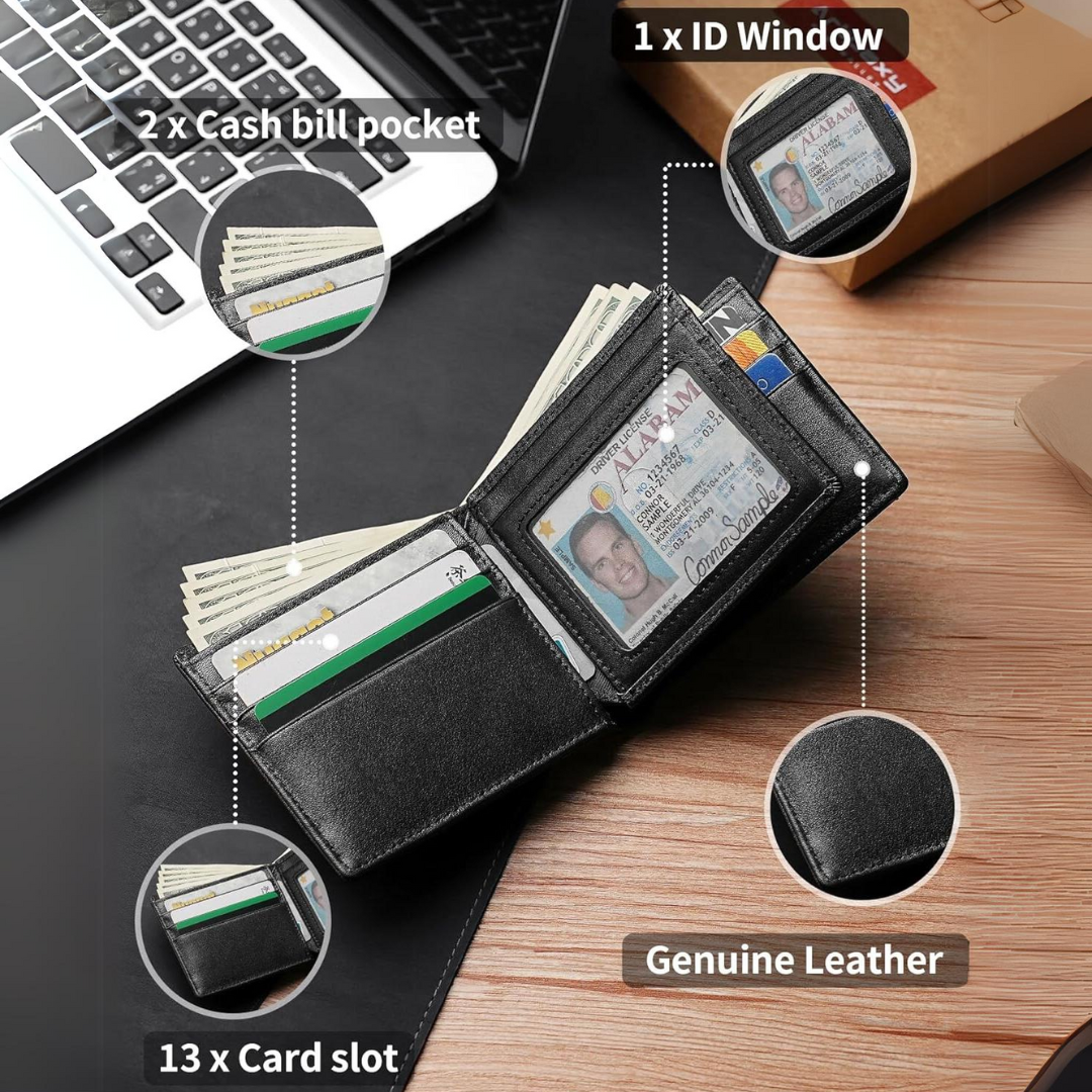Slim genuine leather bifold wallet for men, offering RFID security & card holder.