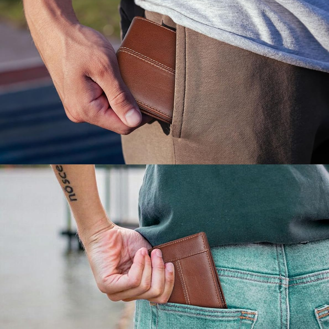 Minimalist men's genuine leather bifold wallet, slim and compact, with essential RFID blocking.