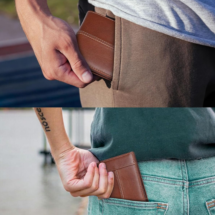 Minimalist men's genuine leather bifold wallet, slim and compact, with essential RFID blocking.