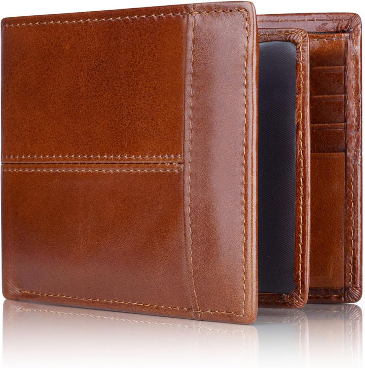 Open genuine leather bifold wallet for men, showcasing card slots & RFID protection. A perfect card holder.