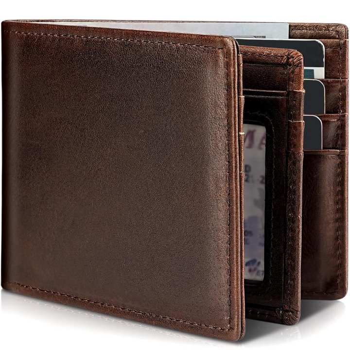 Classic men's genuine leather slim bifold wallet, perfect for cards & cash.
