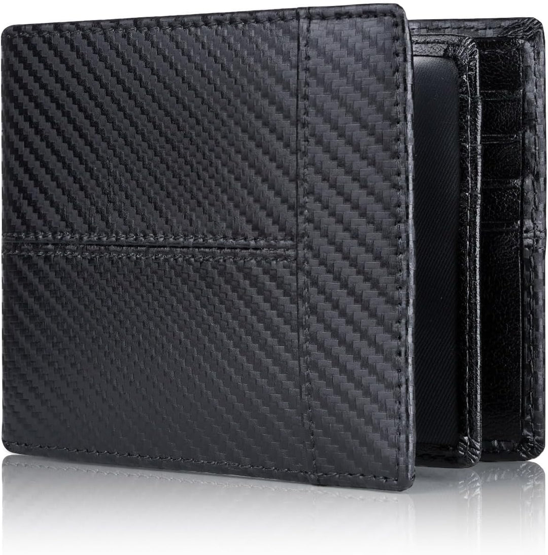 Closed view of stylish men's genuine leather bifold wallet, secure RFID blocking, slim design.