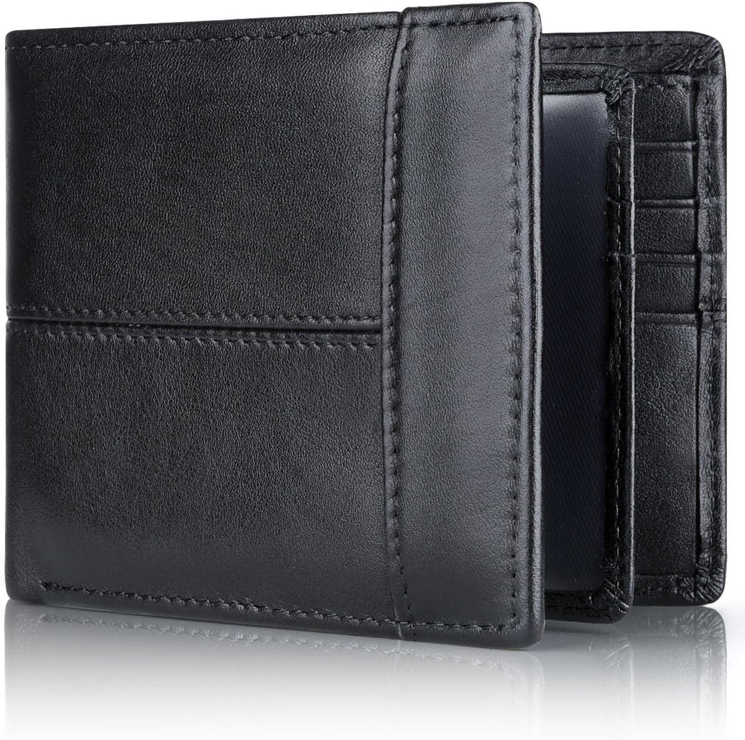 Close-up of rich genuine leather bifold wallet texture for men, secure RFID blocking. High-quality accessory.