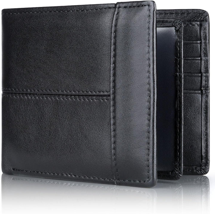 Close-up of rich genuine leather bifold wallet texture for men, secure RFID blocking. High-quality accessory.