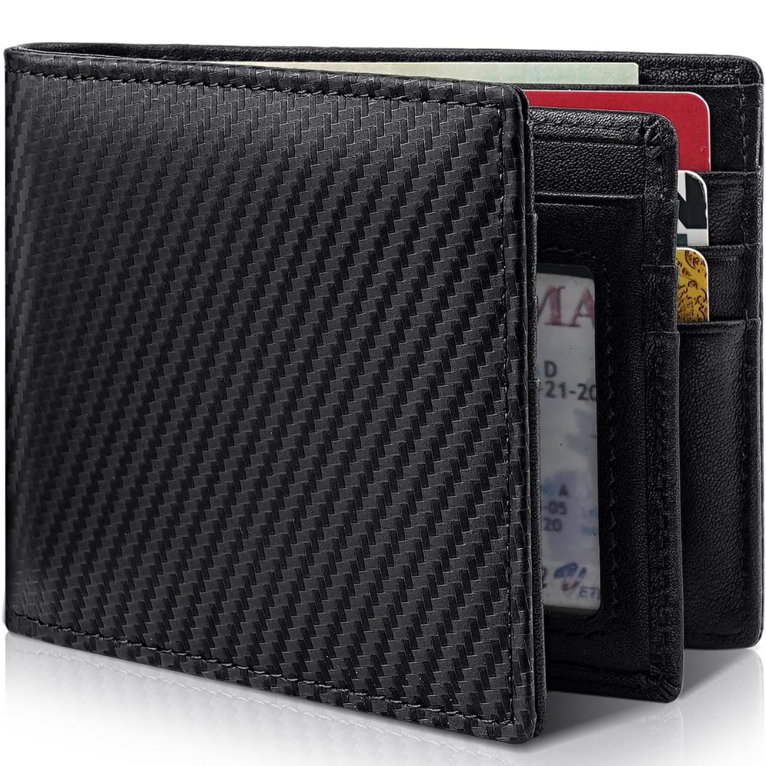 Genuine leather bifold wallet, slim design with multiple card slots & RFID security.