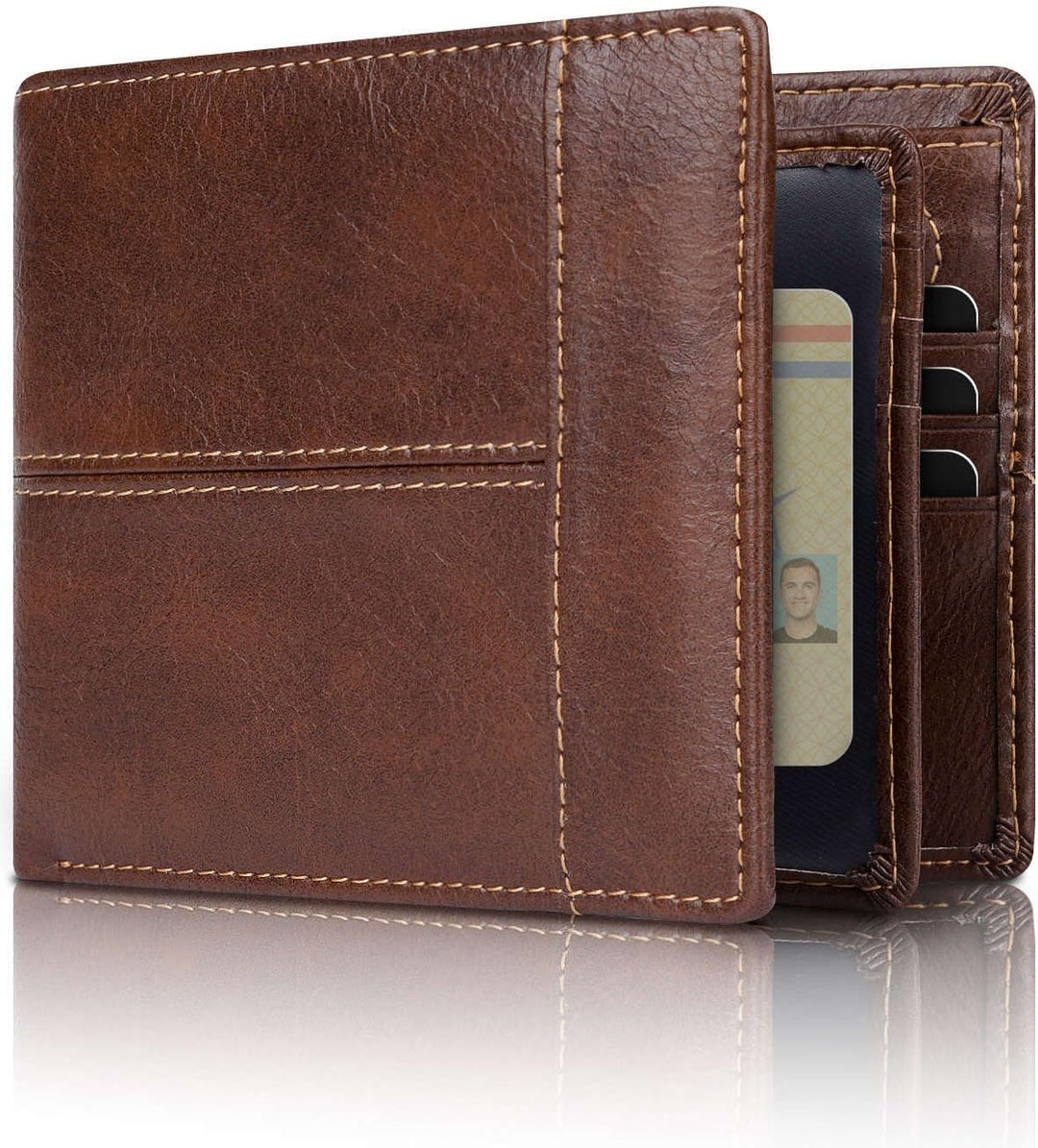 Men's genuine leather bifold wallet, RFID blocking, neatly organized card slots for secure card holding.
