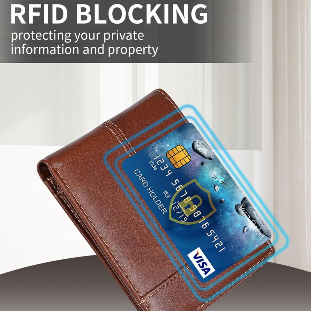 Back view of a sleek men's genuine leather bifold wallet, slim profile, secure RFID blocking.