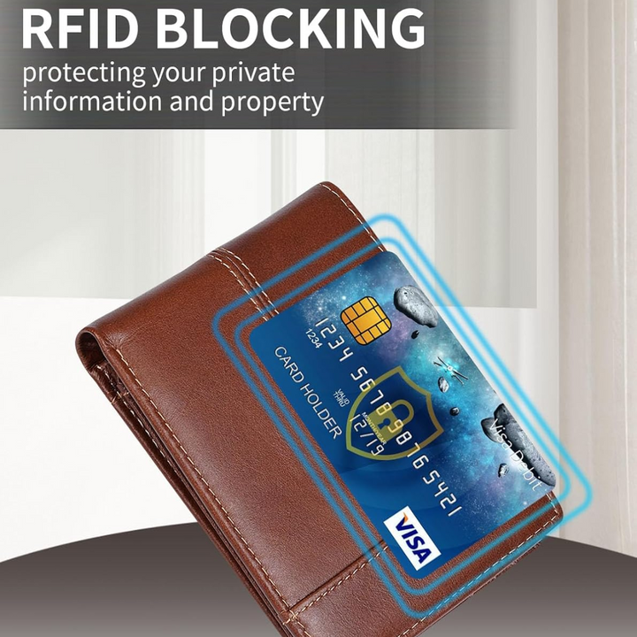 Back view of a sleek men's genuine leather bifold wallet, slim profile, secure RFID blocking.