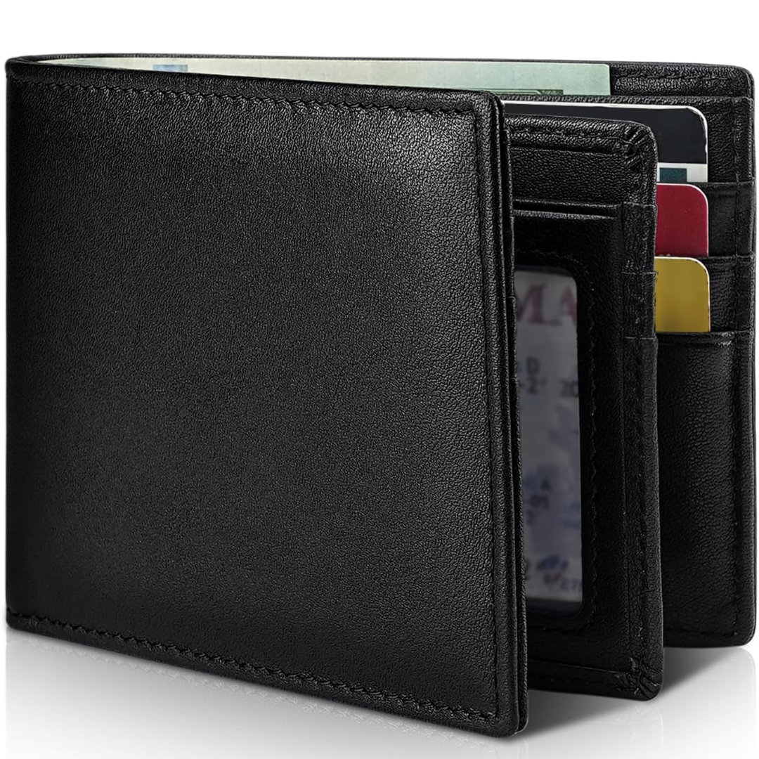 Sleek bifold men's leather wallet with integrated RFID blocking technology.