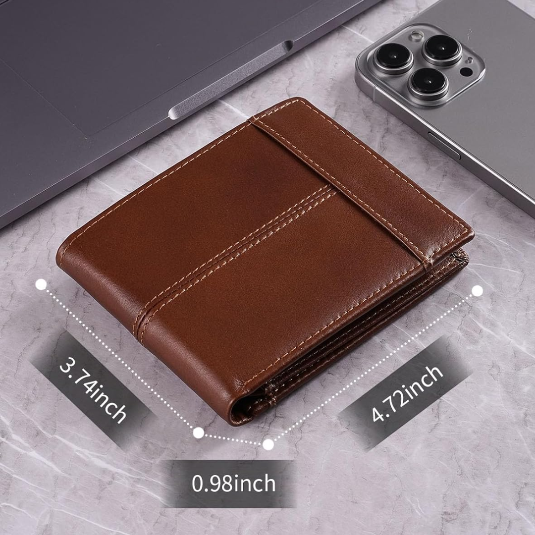 Front view of classic men's genuine leather bifold wallet, RFID blocking for data security.