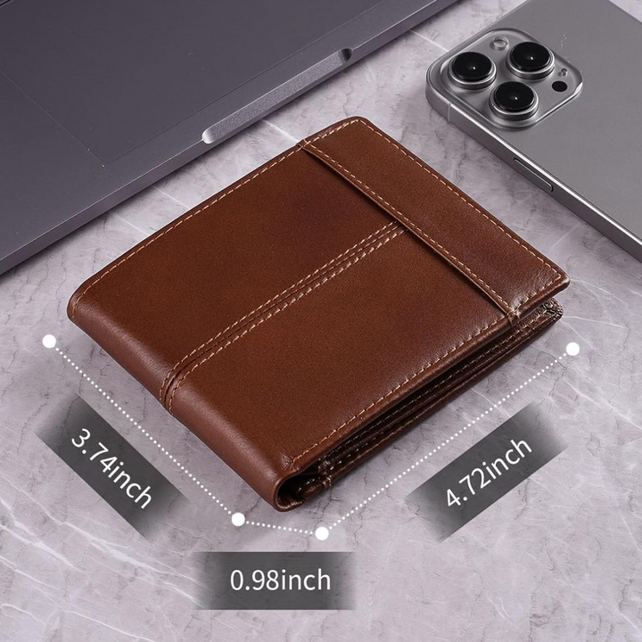 Front view of classic men's genuine leather bifold wallet, RFID blocking for data security.