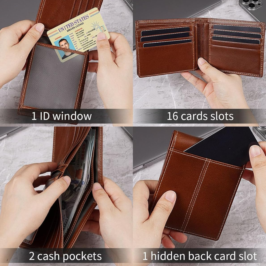 Interior detail of men's genuine leather bifold wallet, multiple card slots & RFID blocking protection.