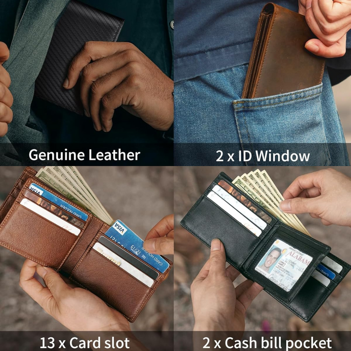 Secure men's bifold leather wallet with RFID blocking, an ideal gift.