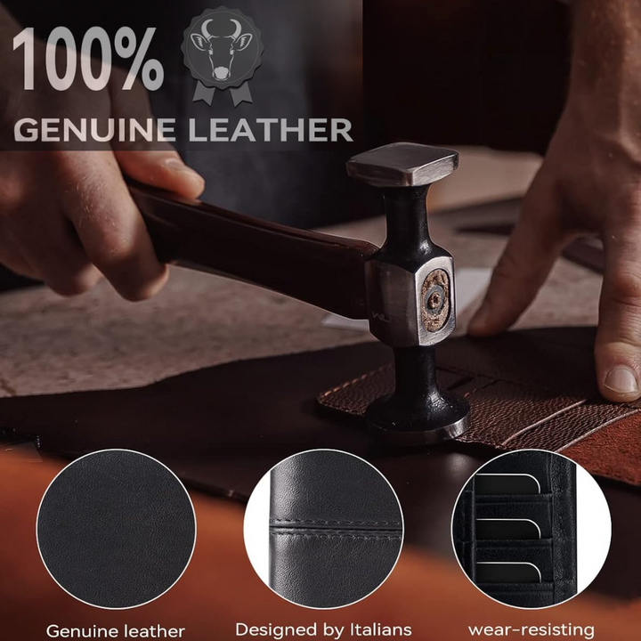Hand holding a slim men's genuine leather bifold wallet, RFID blocking for everyday secure carry.
