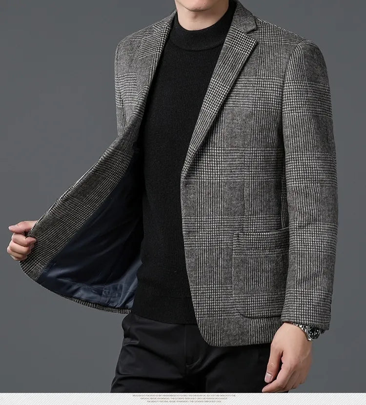 Men's Glen Check blazer with a two-button design, ideal for formal wear & smart casual looks. Tailored for professional attire.