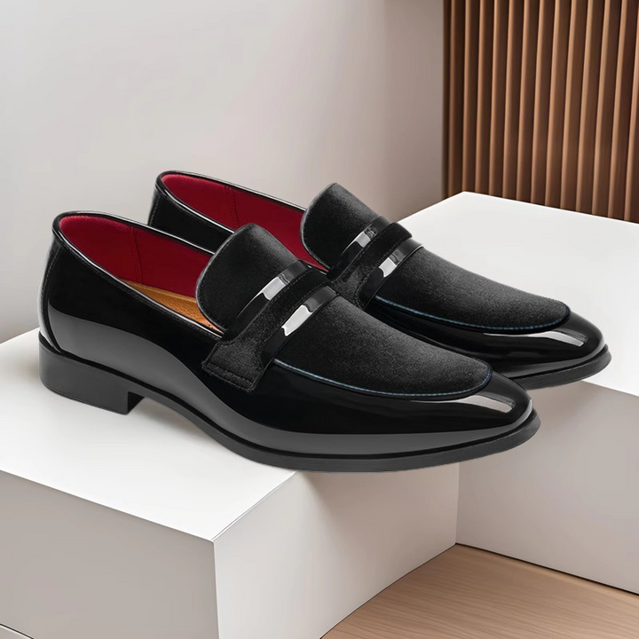 Men's glossy black formal loafers, sleek slip-on dress shoes for modern evening wear.