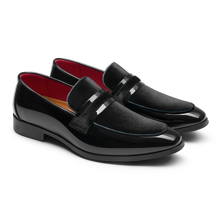 Modern formal loafers for men, glossy black finish, ideal as sleek dress shoes for evening wear.