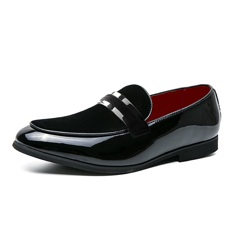Men's black glossy formal loafers, stylish slip-on footwear for weddings, galas, and special occasions.