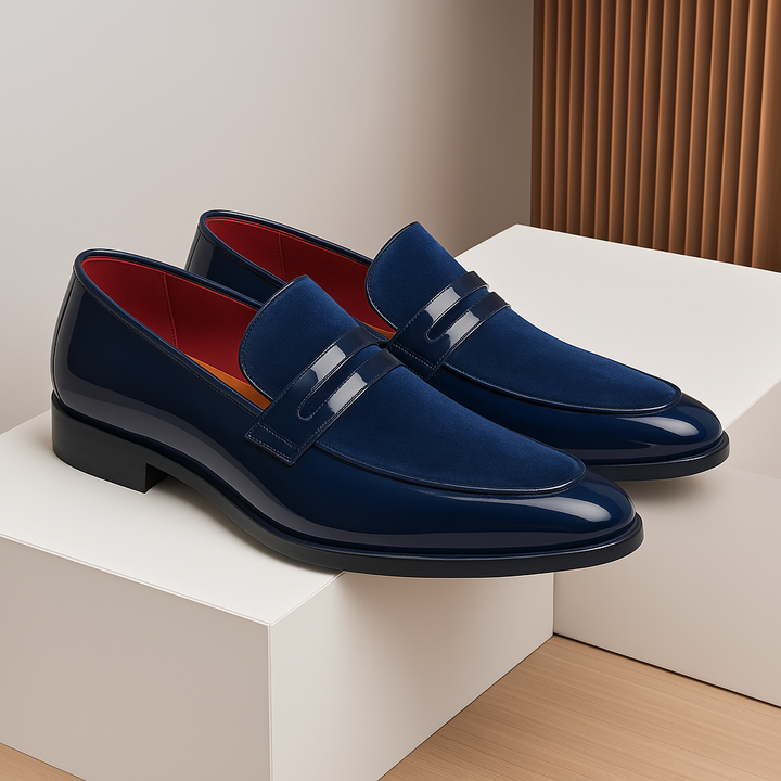 Luxurious men's formal dress loafers, glossy black, offering sophisticated style and easy slip-on comfort.