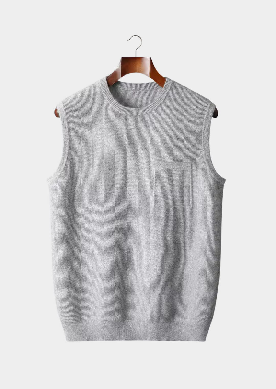 Men's gray crew neck vest, sleek sleeveless style. Comfortable & lightweight for casual fashion layering.