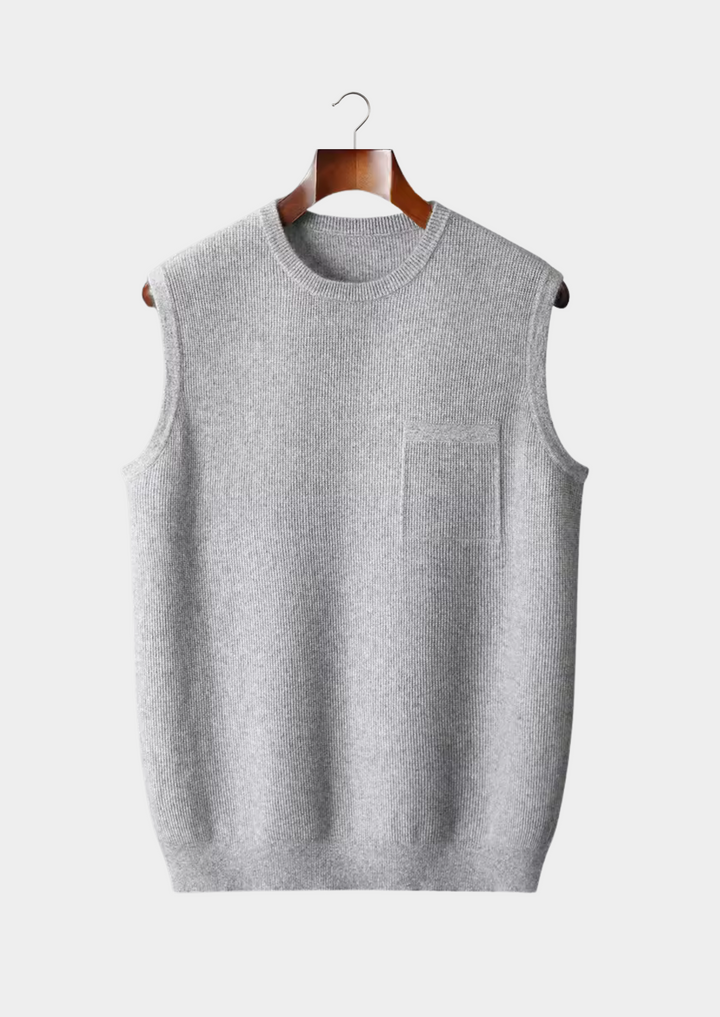 Men's gray crew neck vest, sleek sleeveless style. Comfortable & lightweight for casual fashion layering.