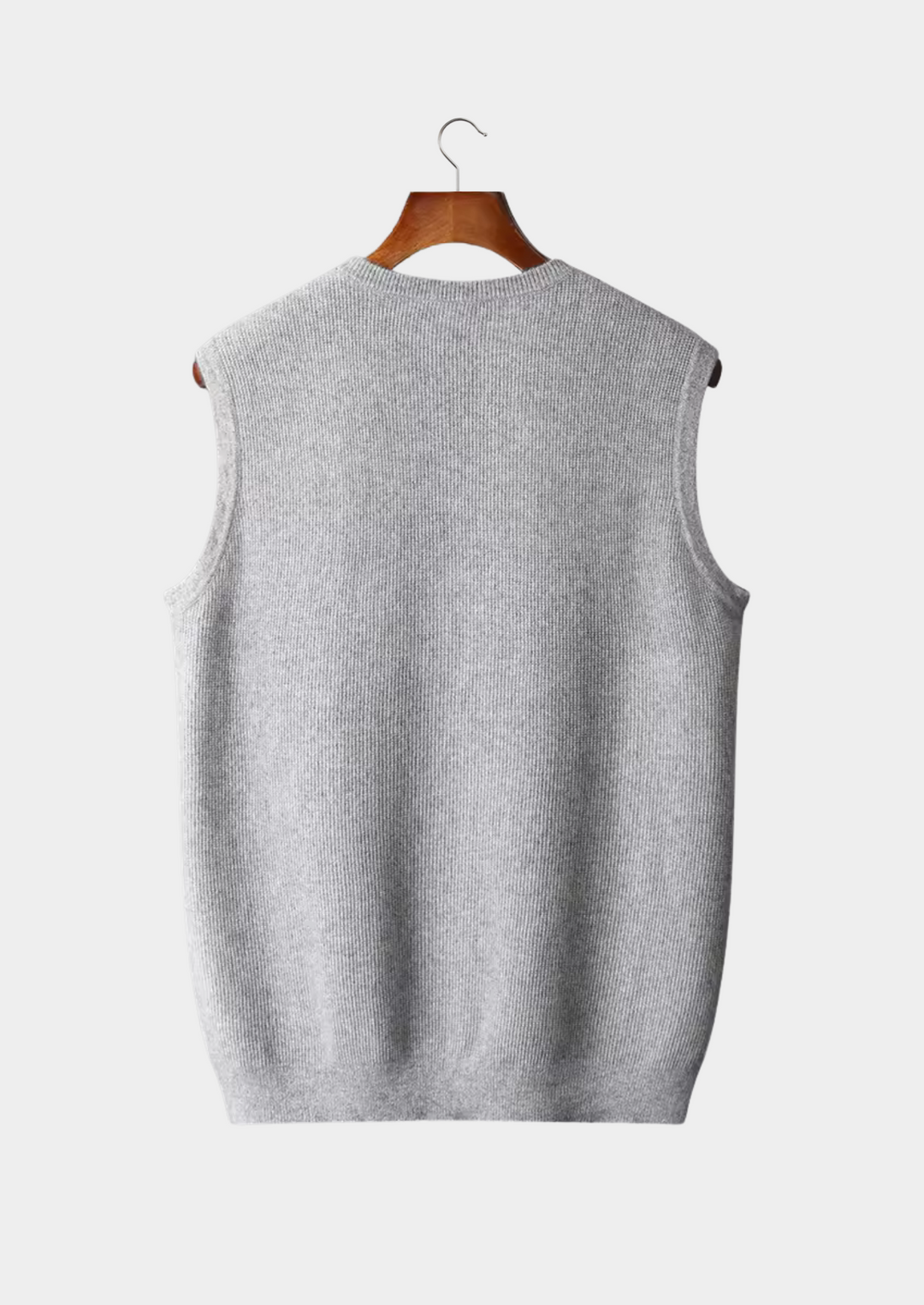Beige men's crew neck vest, sleeveless for smart casual layering. Modern & comfortable everyday wear.