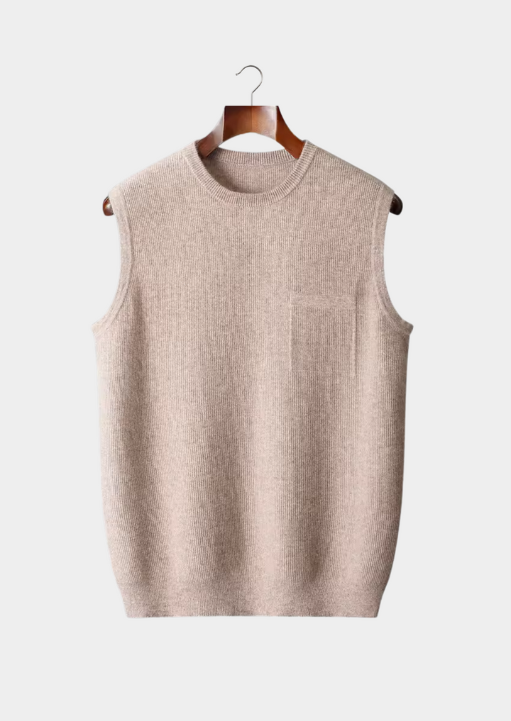 Close-up of a men's gray crew neck vest, showing comfortable sleeveless fit for modern fashion.