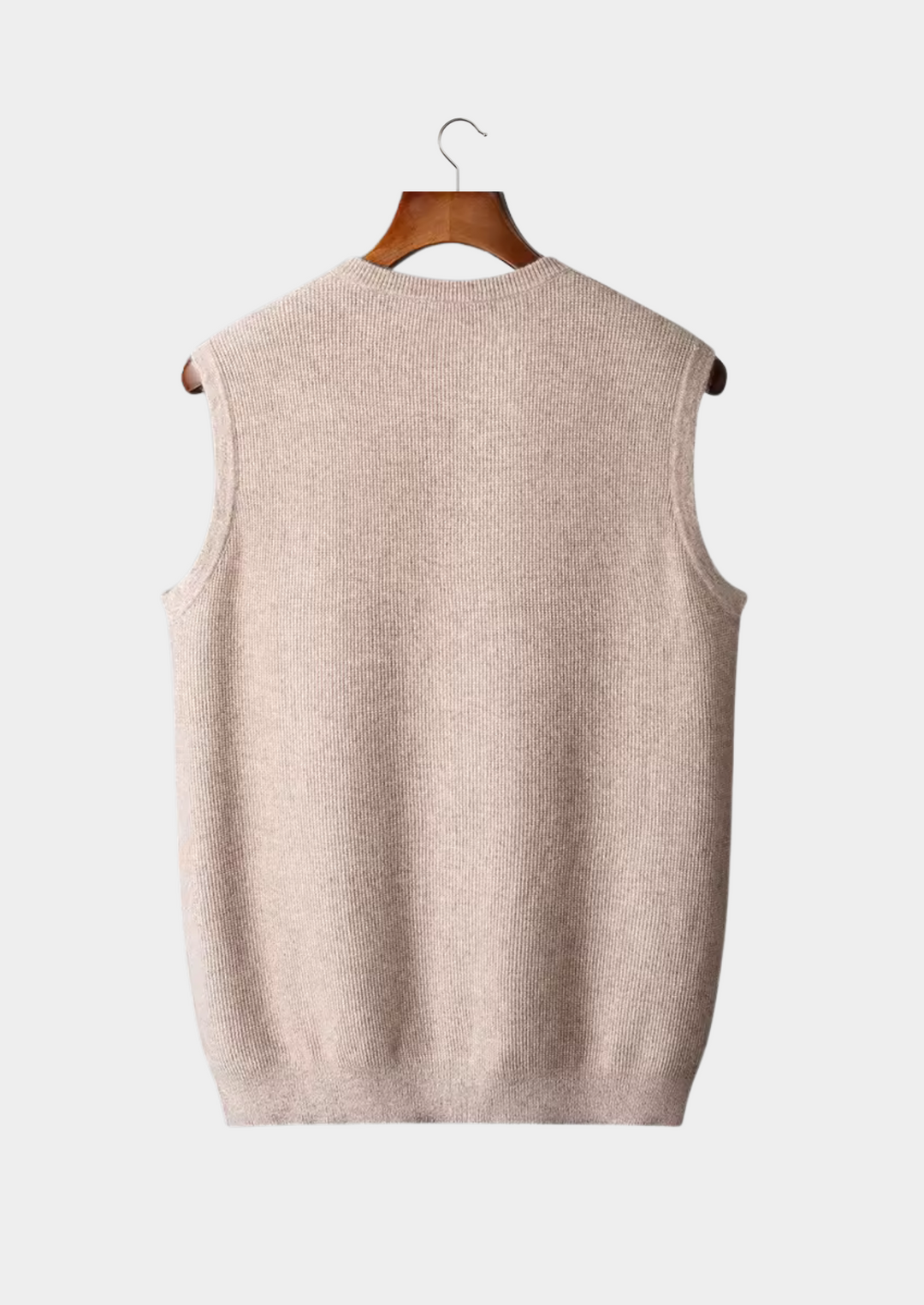 Men's sleek beige sleeveless vest. Crew neck design, perfect for lightweight layering & casual comfort.