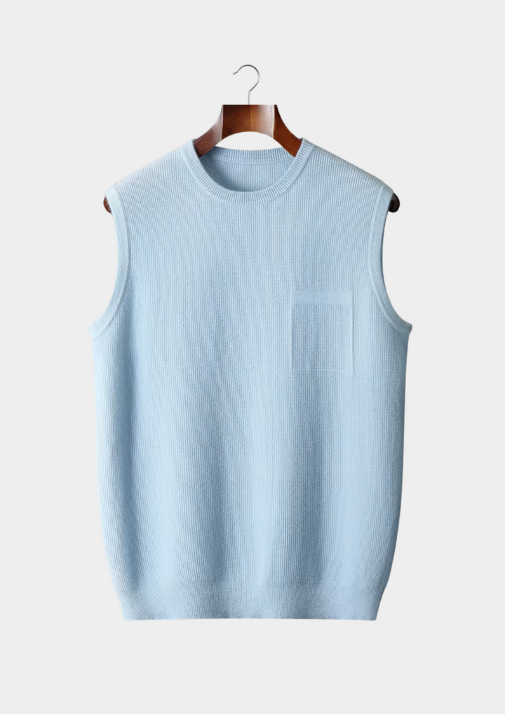 Light blue men's crew neck vest. Comfortable sleeveless style, ideal for easy layering & everyday fashion.
