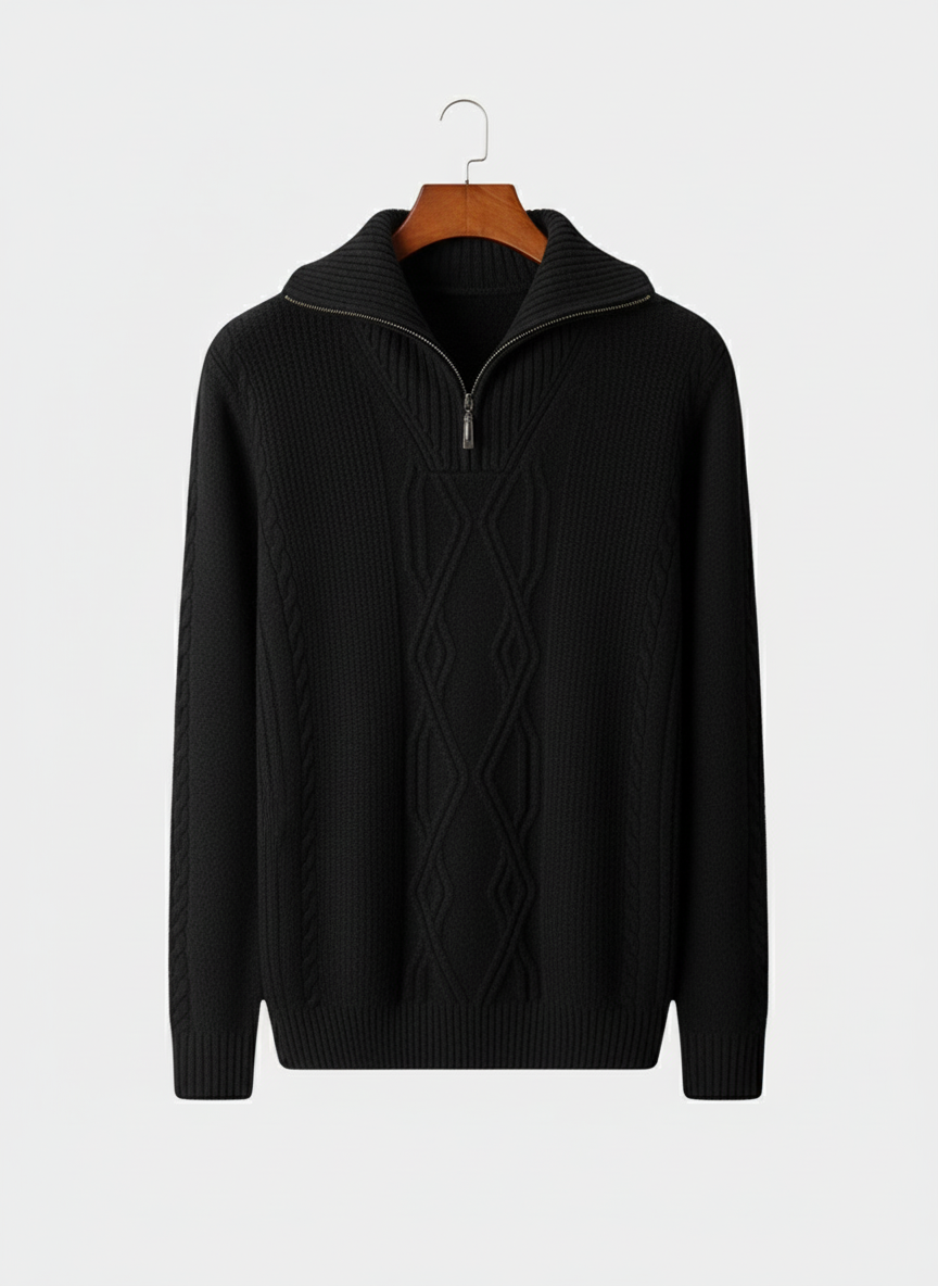 Men's gray half zip cable knit sweater, perfect for casual all-season wear. Long sleeve, fold collar knitwear.
