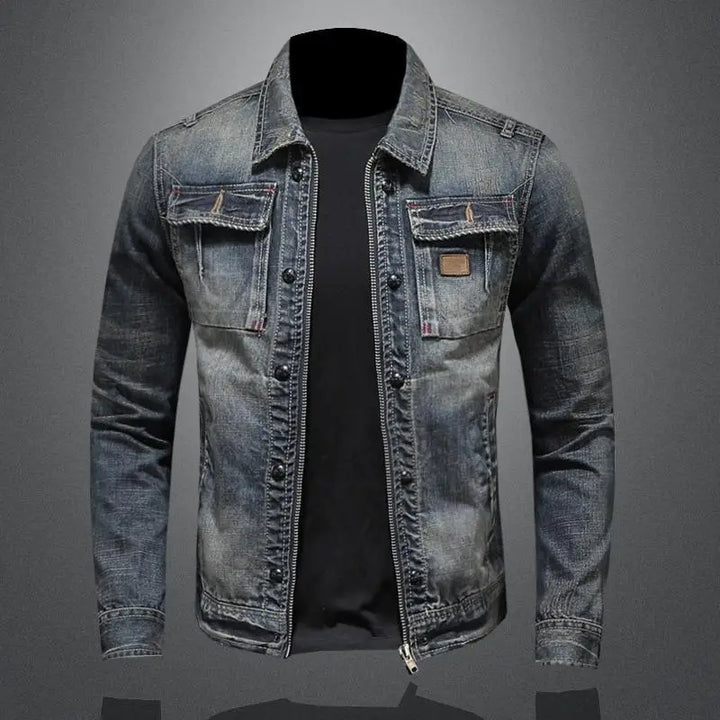 Men's gray retro vintage style jeans jacket with classic buttons. Perfect casual outerwear for fall & spring.