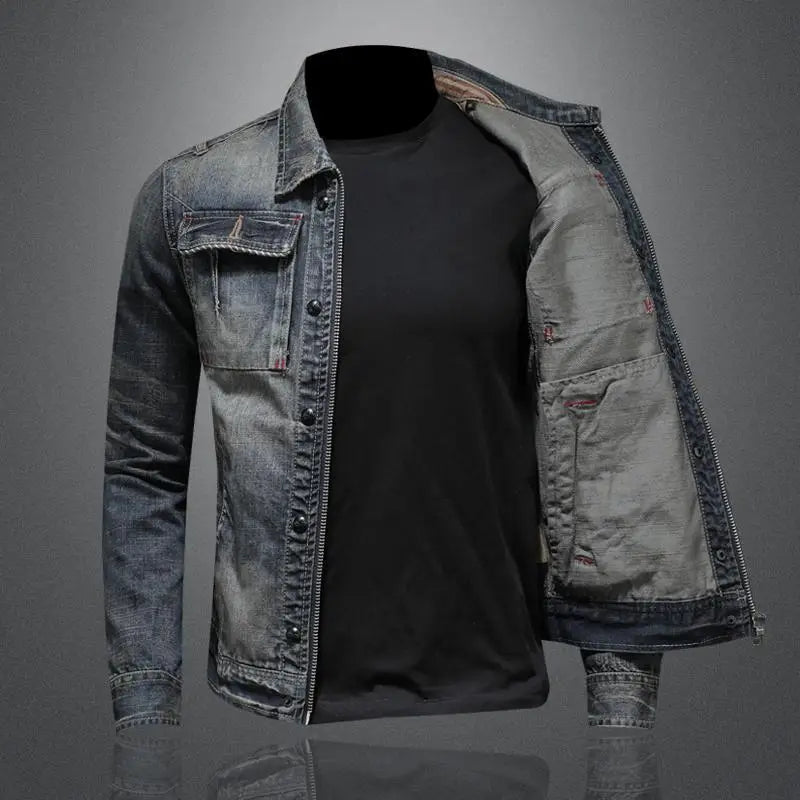 Stylish men's vintage gray button-up jacket. Ideal transitional outerwear for everyday wear & fashion.