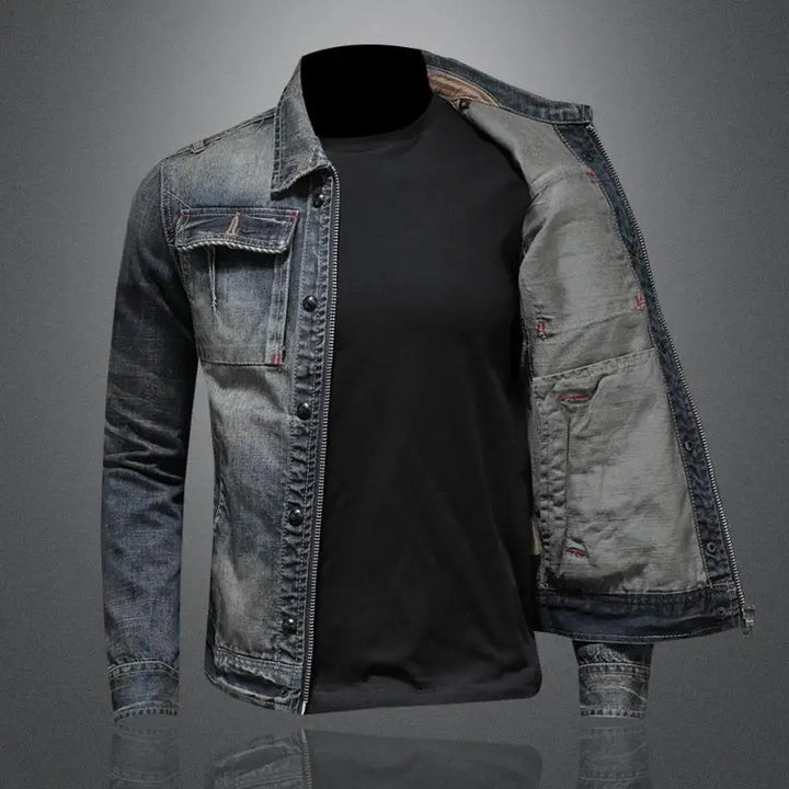 Stylish men's vintage gray button-up jacket. Ideal transitional outerwear for everyday wear & fashion.